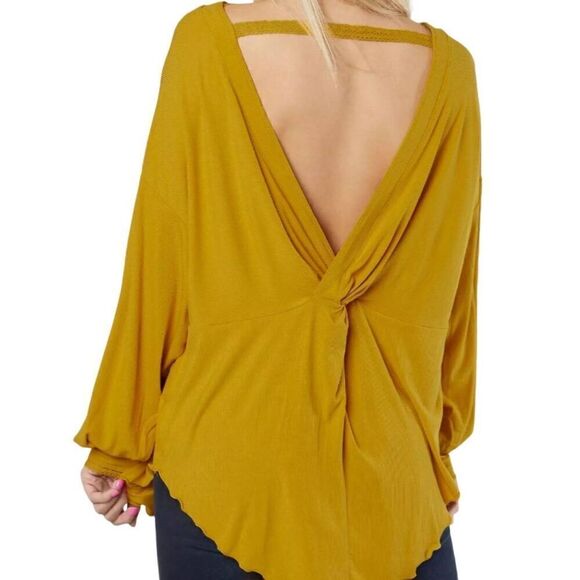 Free People Shimmy Shake Top Women's XS Gold Ribbed Open Back Boho Fall - Picture 1 of 7